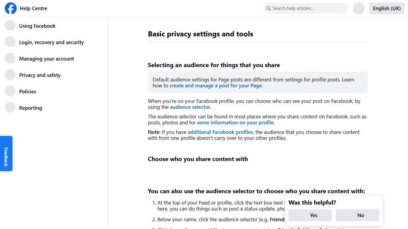 Basic privacy settings and tools Facebook Help Centre